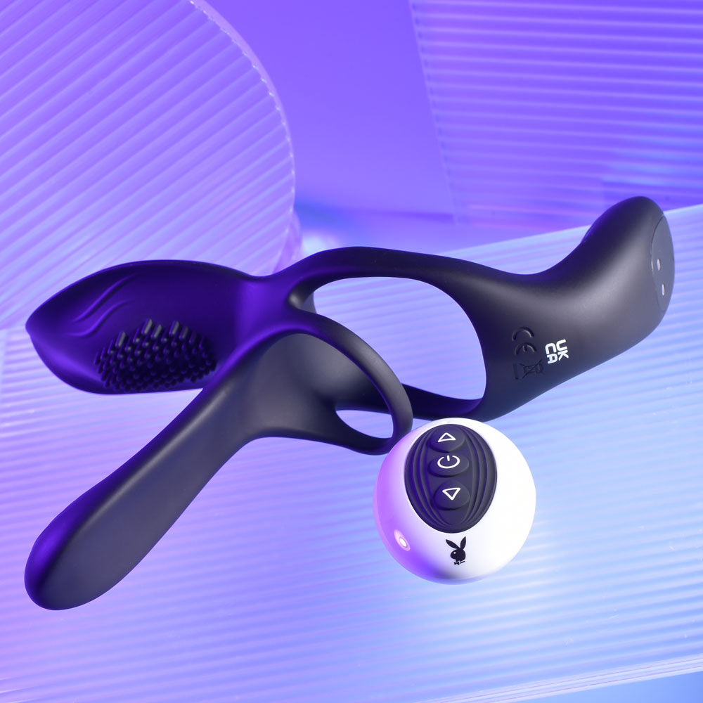 Playboy Pleasure The 3 Way - Black USB Rechargeable Vibrating Cock Ring with Wireless Remote